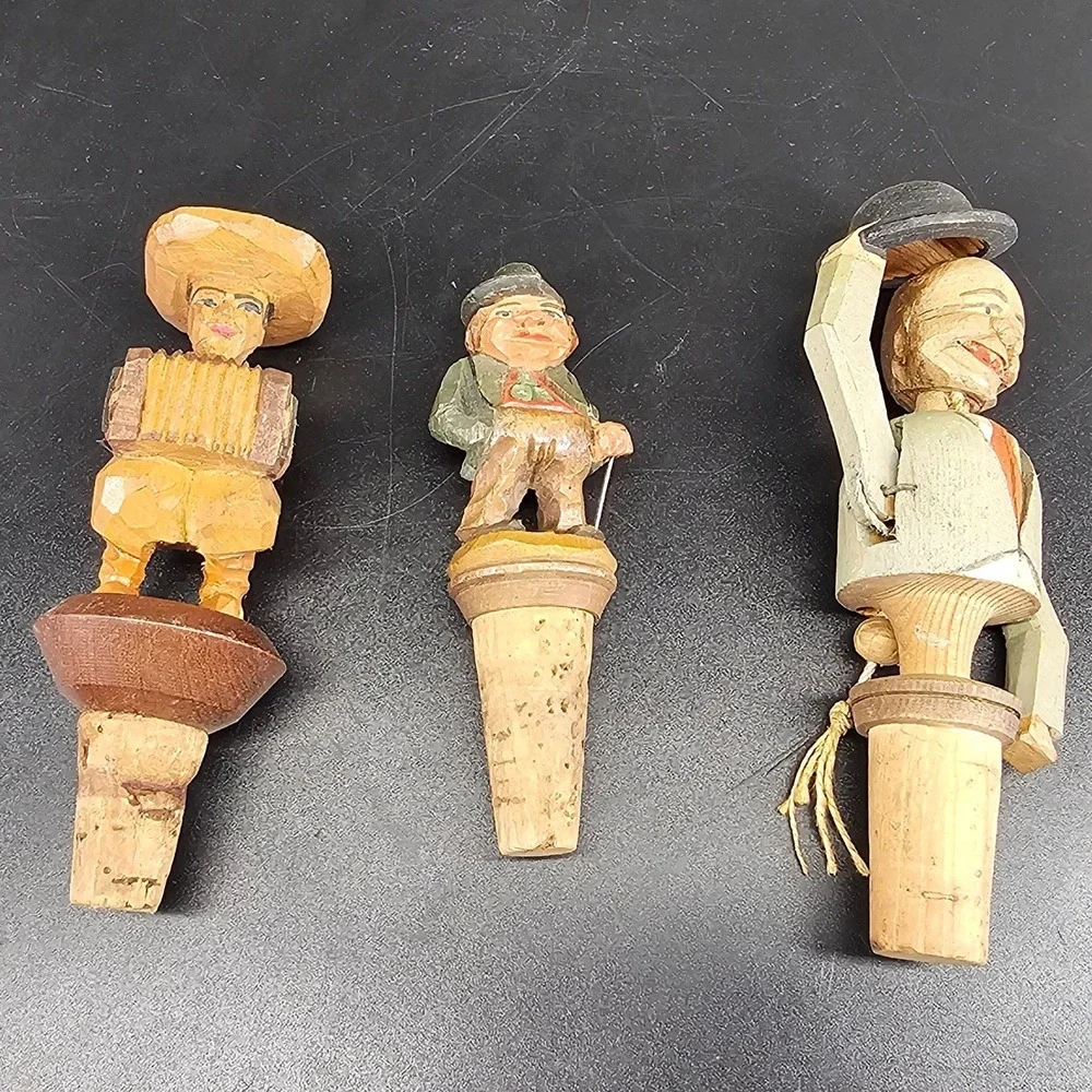 Bottle Stoppers Set of 3 Vintage Black Forest Hand Carved Wood Folk Art